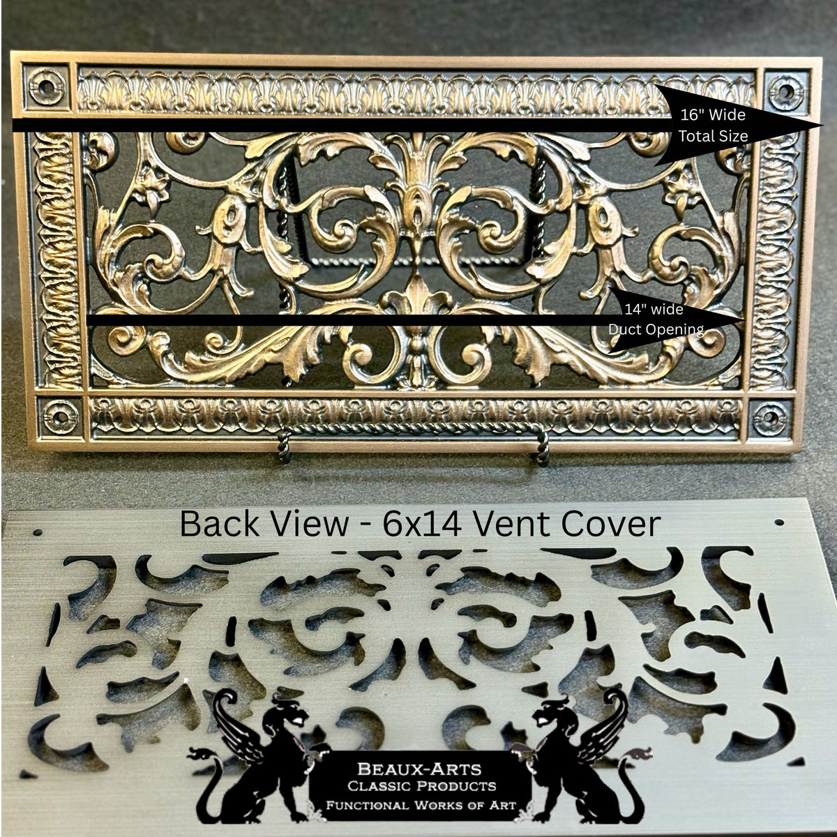 Resin vent cover by Beaux-Arts for a 6x14" duct or opening Total size 8x16. Front and back view. Dark Bronze
