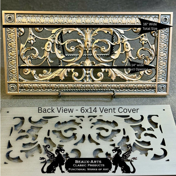 Resin vent cover by Beaux-Arts for a 6x14" duct or opening Total size 8x16. Front and back view. Dark Bronze
