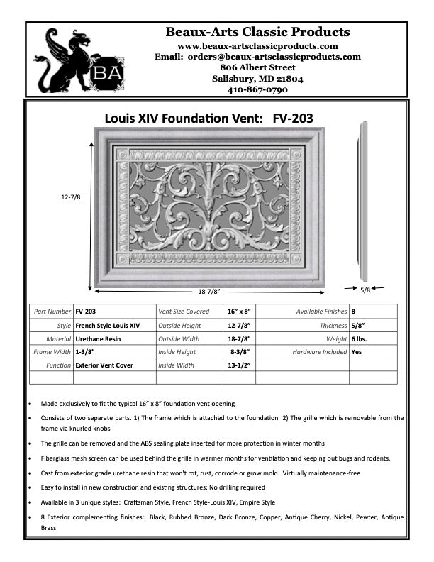 spec sheet for Beaux-Arts Classic Products Foundation Vent Kit 