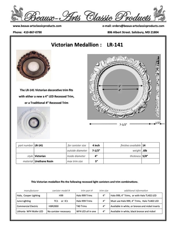 Spec sheet for recessed light covers by Beaux-Arts for 4" canisters