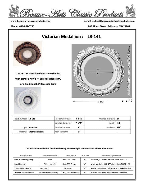 Spec sheet for recessed light covers by Beaux-Arts for 4" canisters