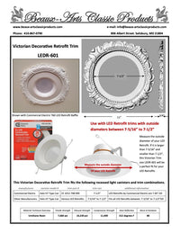 Spec sheet for recessed light cover LR601 by Beaux-Arts Classic Products