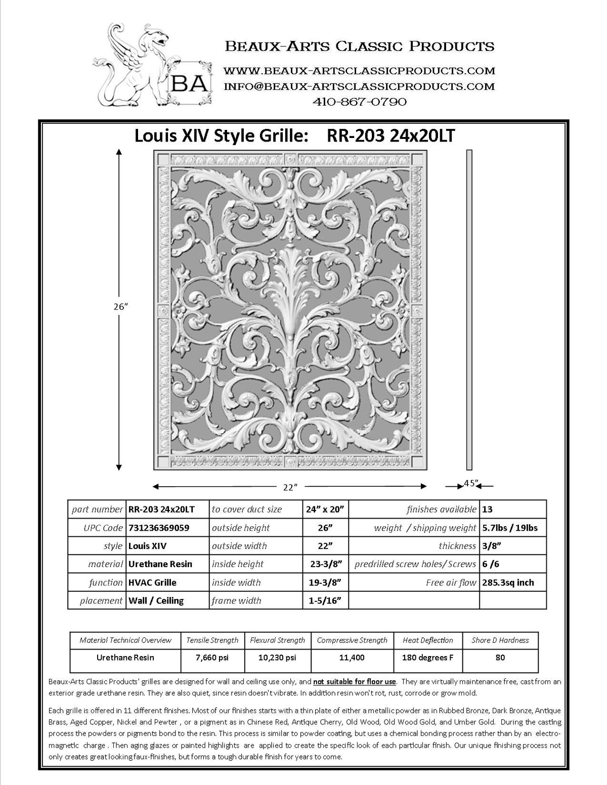 French Style-Louis XIV Grille:  Covers a 24"x20" Duct/Opening | Vent Cover