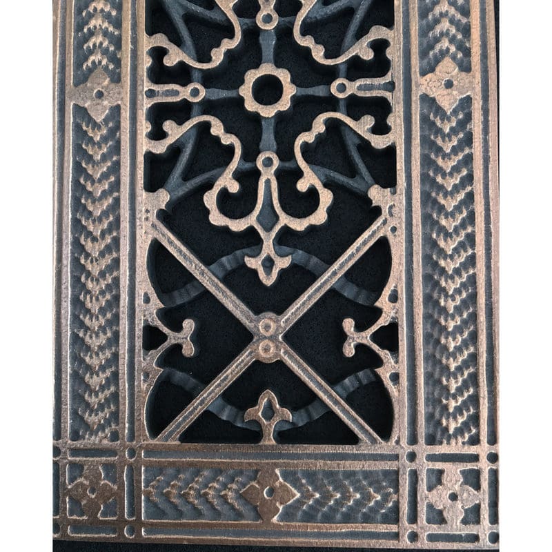 Details for Craftsman style Arts and Crafts grille 4" x 10" in Rubbed Bronze finish.