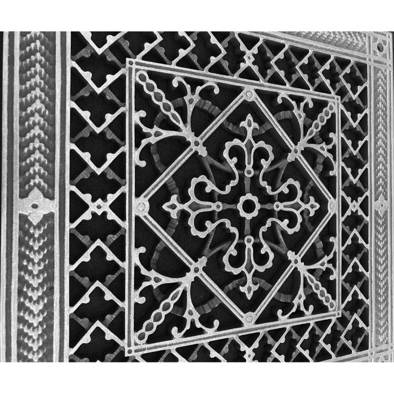 Close up of 3-dimensional design details of 10" x 12" Craftsman style Arts and Crafts decorative grille in Nickel finish.