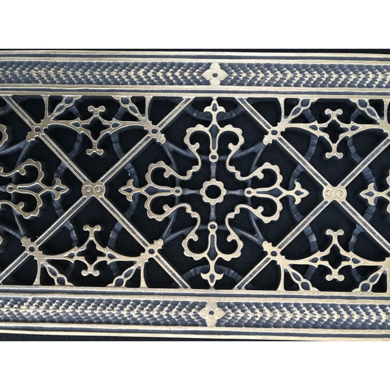 Close up of design details for Craftsman Style Arts and Crafts decorative grille 6" x 20" in Antique Brass finish.