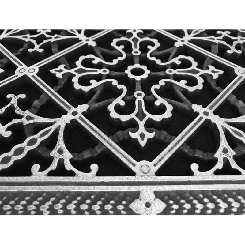 Close up of 3-dimensional design details for 8" x 10" Craftsman style Arts and Crafts decorative grille in Nickel finish.