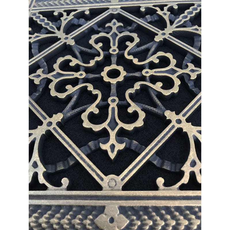 Close up of 3-dimensional details for 8" x 8" Craftsman style Arts and Crafts decorative grille in Antique Brass finish.