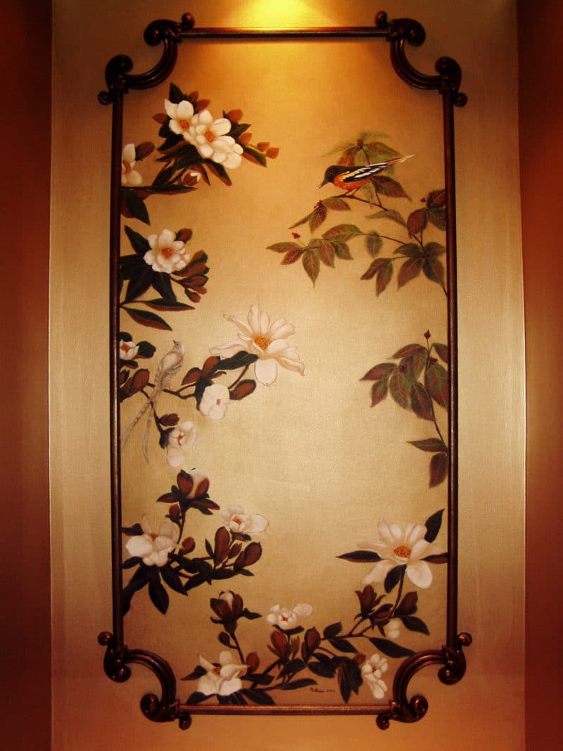Classical Wall Panel with hand painted panel art on metallic gold in a niche