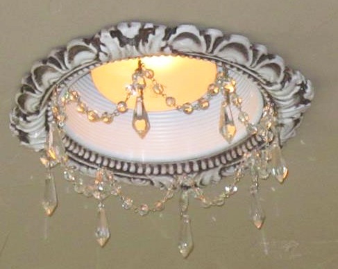 recessed light trimin victorian style in bone finish with clear crystal chain and 1.5 clear u-drops