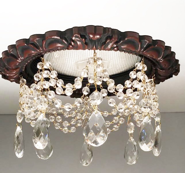 recessed light trim in Antique Cherry Finish with 3 strands of faceted crystals and 1-1/2" Tear Drops