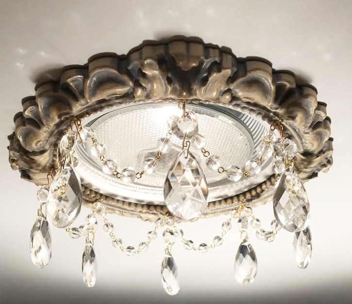 recessed light trim in Victorian Style with 2 inch clear tear drop crystals