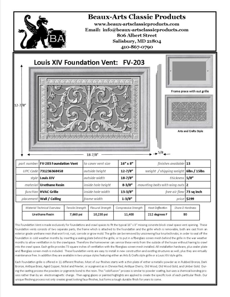 Spec Sheet for Foundation Crawlspace Vent Cover in French Style.