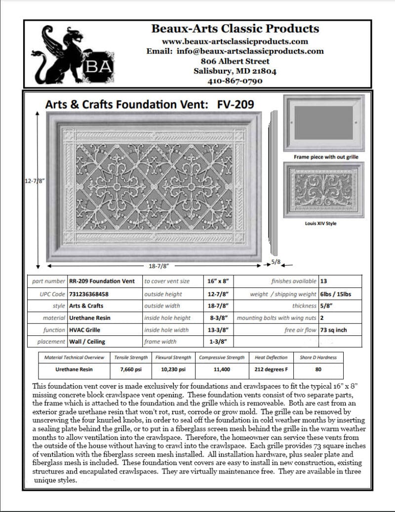 Spec Sheet for Foundation Vent Cover in Craftsman Style Arts and Crafts.