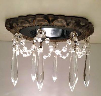 Recessed light trim with single clear crystal swag and 3" U-Drop crystals