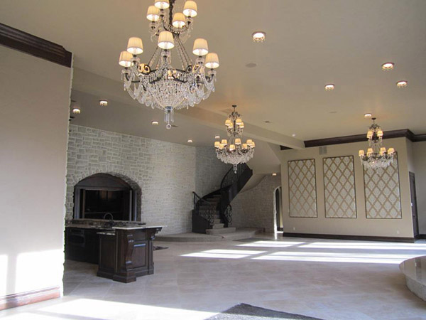 Recessed light trims with crystals to match the chandeliers.
