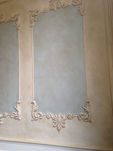 Louis XIV wall panels painted Iceberg Blue with raw umnber aging glaze