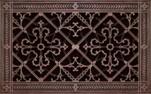 Decorative vent cover 8x14 in Arts and Crafts style in rubbed bronze.