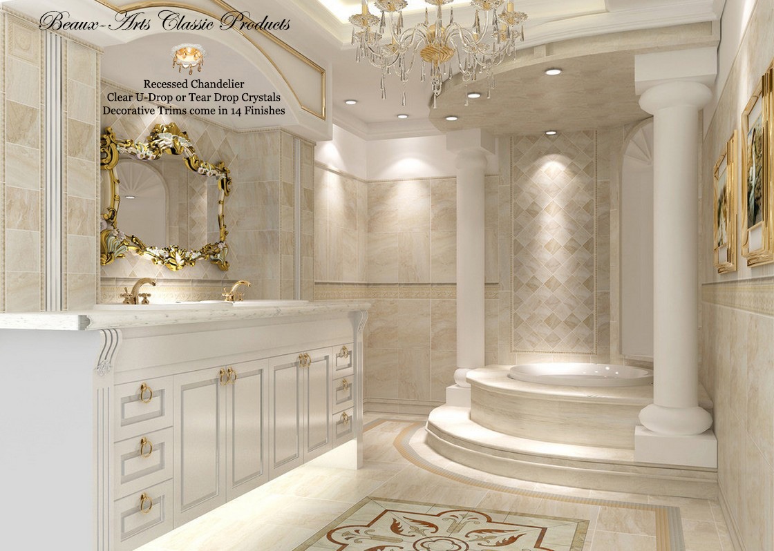 Master Bath with recessed lights transformed into recessed chandeliers.