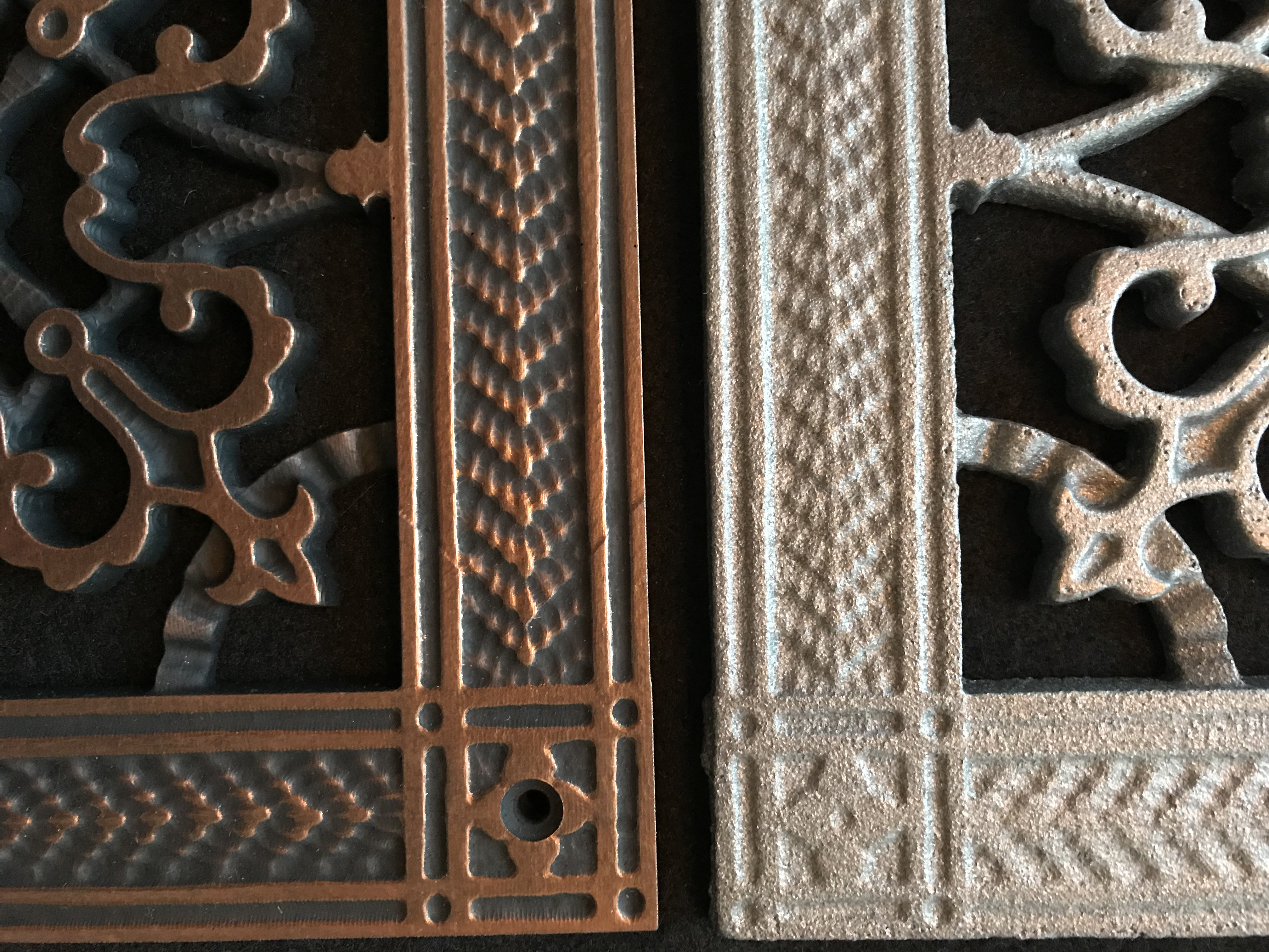 Frequently asked questions why we cast our grilles in resin. Image shows Iron casting and resin casting side by side showing the difference in quality.