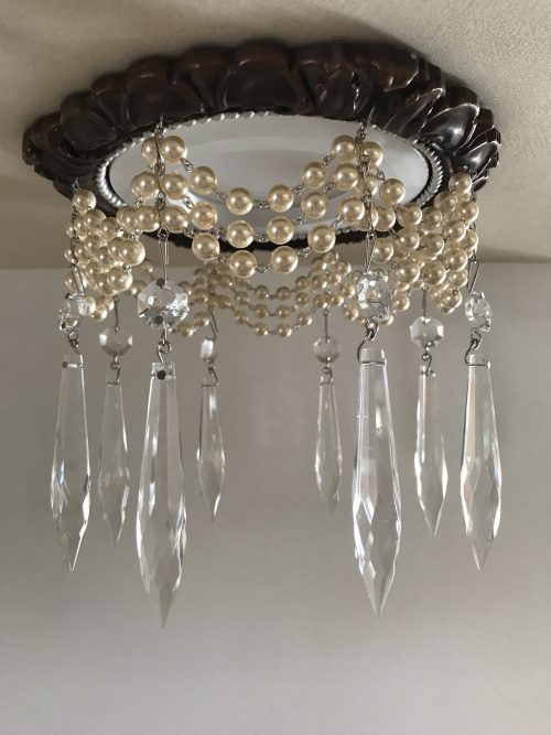 Recessed chandelier with 3 strands of cream pearls and 3" clear crystal U-Drops crystals