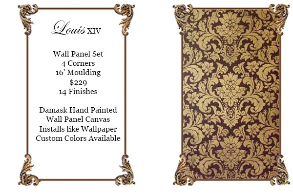 Louis XIV Style Wall Panel with Damask Hand Painted Canvas Panel