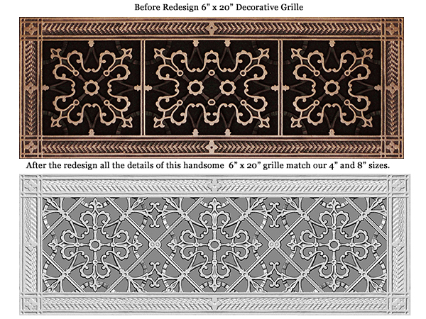 Before and after redesign of Arts and Crafts style decorative vent cover 6" x 20"