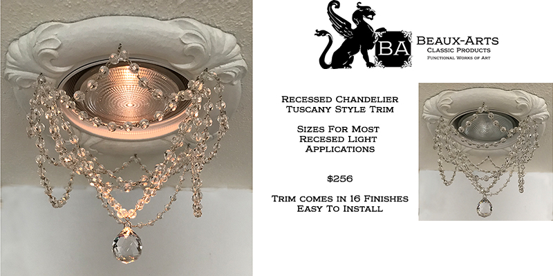 Product description for recessed chandelier with our Tuscany style decorative trim embellished with crystal chains and 20mm crystal ball.