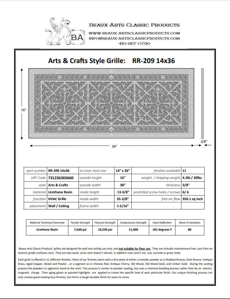 Craftsman style Arts and Crafts decorative grille 14" x 36" Product Spec Sheet.