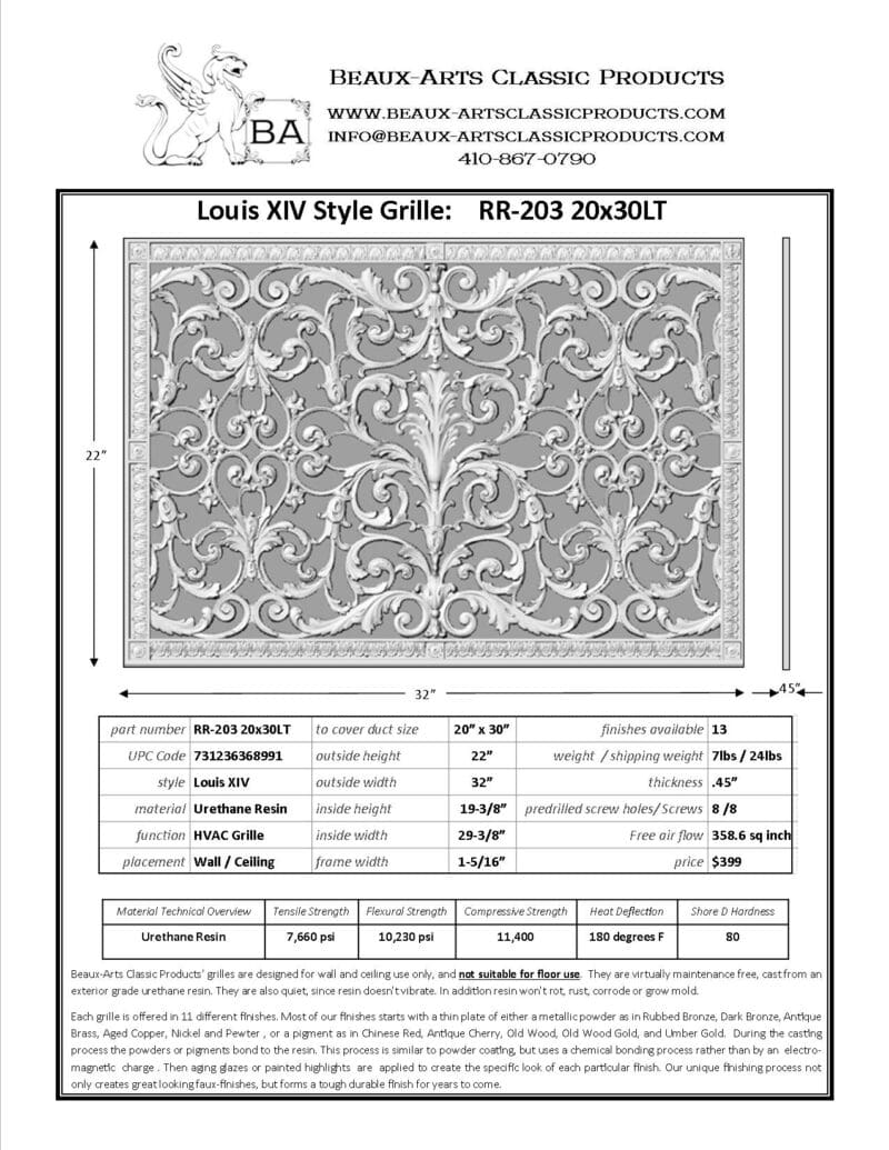 French style Louis XIV decorative grille 20" x 30" Product Spec Sheet.