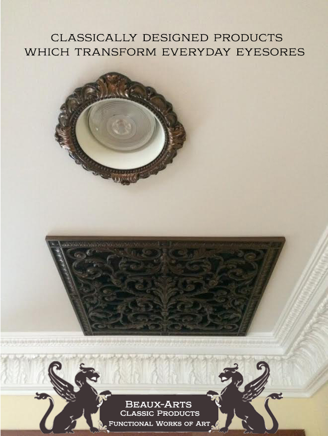 Decorative recessed light trim and Louis XIV style vent cover
