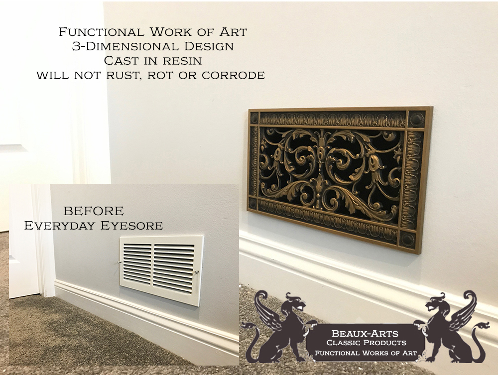 before and after pictures of our Louis XIV style replacing an industrial louvered vent cover