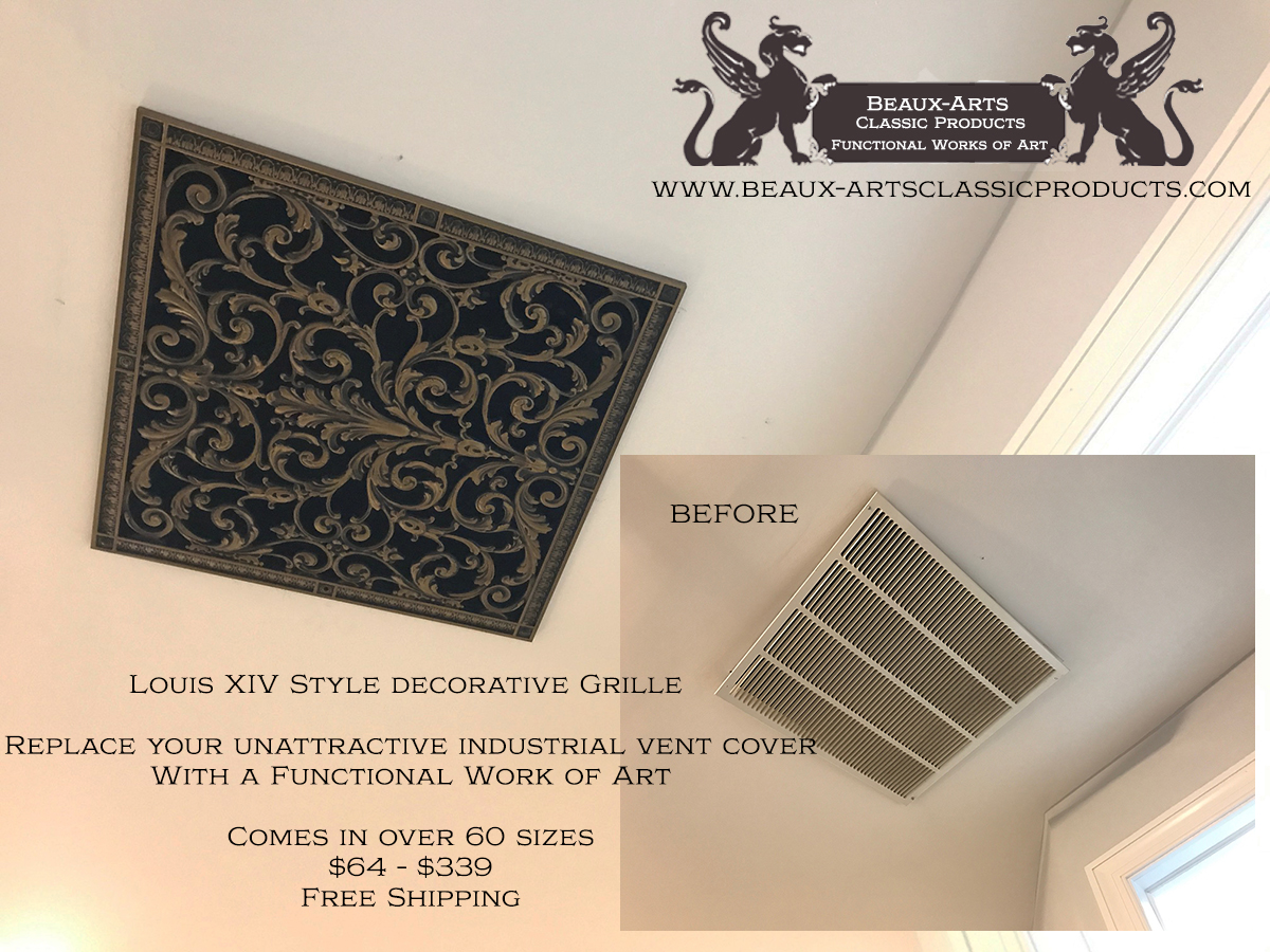 Before and After Ceiling Installation of Louis XIV decorative vent cover.