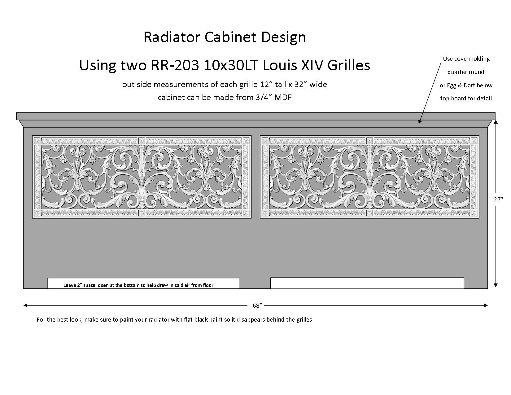 Radiator Cover Design with 2 10" x 30" decorative radiator cover grilles