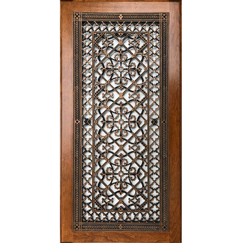 Craftsman style Arts and Crafts decorative grille in Rubbed Bronze finish 12" x 30". Front mounted in a cabinet door.