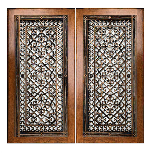 Arts and Crafts style cabinet doors in Walnut with Rubbed Bronze grilles