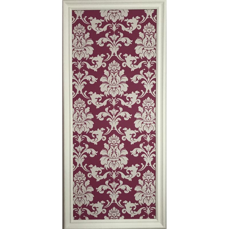 Repositionable Damask Wallpaper Iin Raspberry Narrow Wall Panel framed with Legacy Panel Moulding