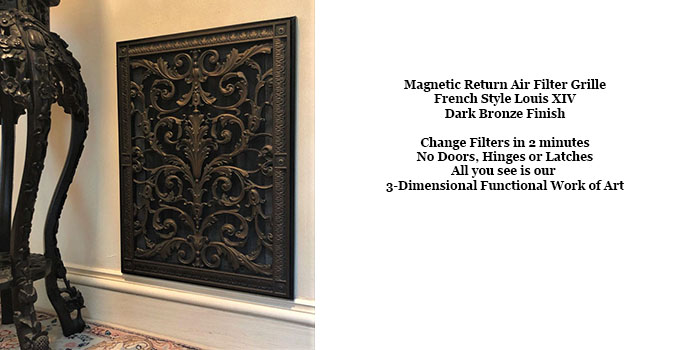 Magnetic Return Air Filter Grille in Dark Bronze in Louis XIV Style