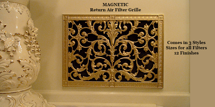 Magnetic Return Air Filter Grille French Style Louis XIV in Bright Gold Finish