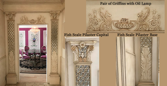 Fish Scale Pilasters Pair of Griffins with Oil Lame Entrance Header