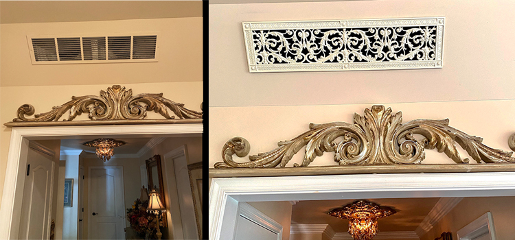 before and after industrial white louvered vent cover with our French style Louis XIV style grille