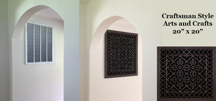 Before industrial white louvered grille and after with Craftsman Style Arts and Crafts 20" x 20"