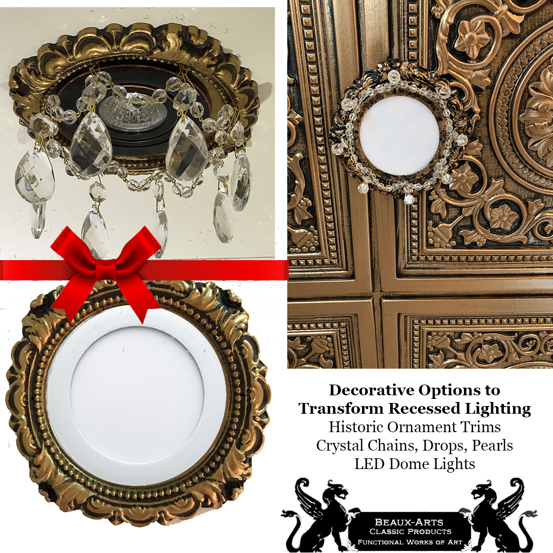 Decorative Recessed Lighting Options, decorative recessed light trim, Decorative recessed light trim embellished with crystals, shown in Antique Brass.