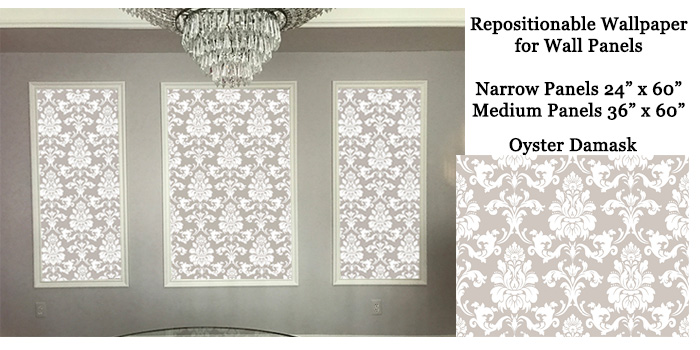 Repositionable Wallpaper in Oyster Damask for Wall Panels. Shown Narrow and Medium Panels