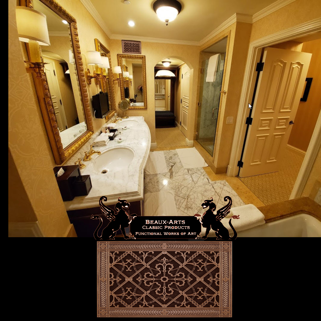 Bathroom Vent Cover with Craftsman Style Arts and Crafts decorative grille in rubbed bronze.