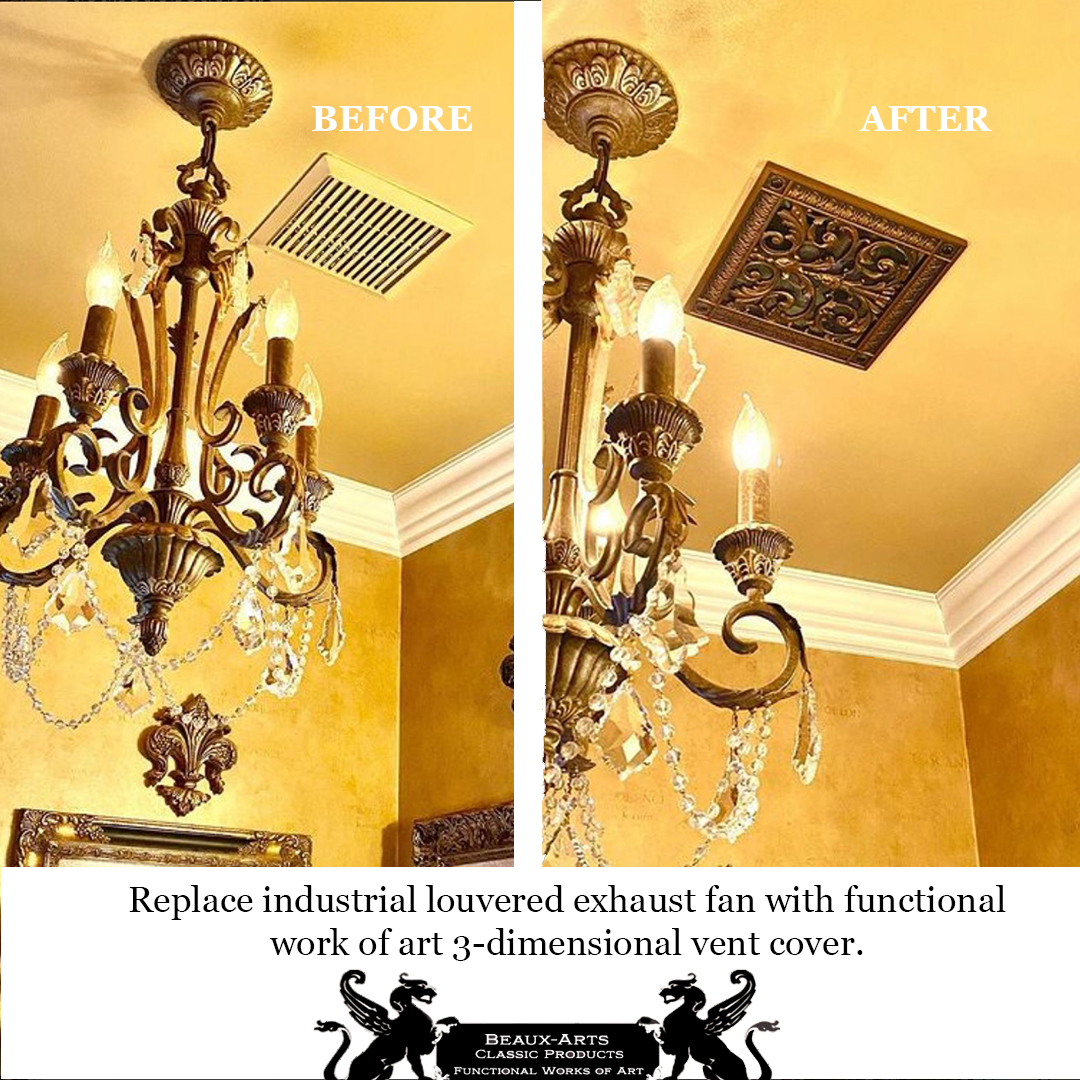 Bathroom Exhaust Fan Covers Before and after. Replaced the industrial vent cover with our French Style Louis XIV decorative grille in our Rubbed Bronze Finish