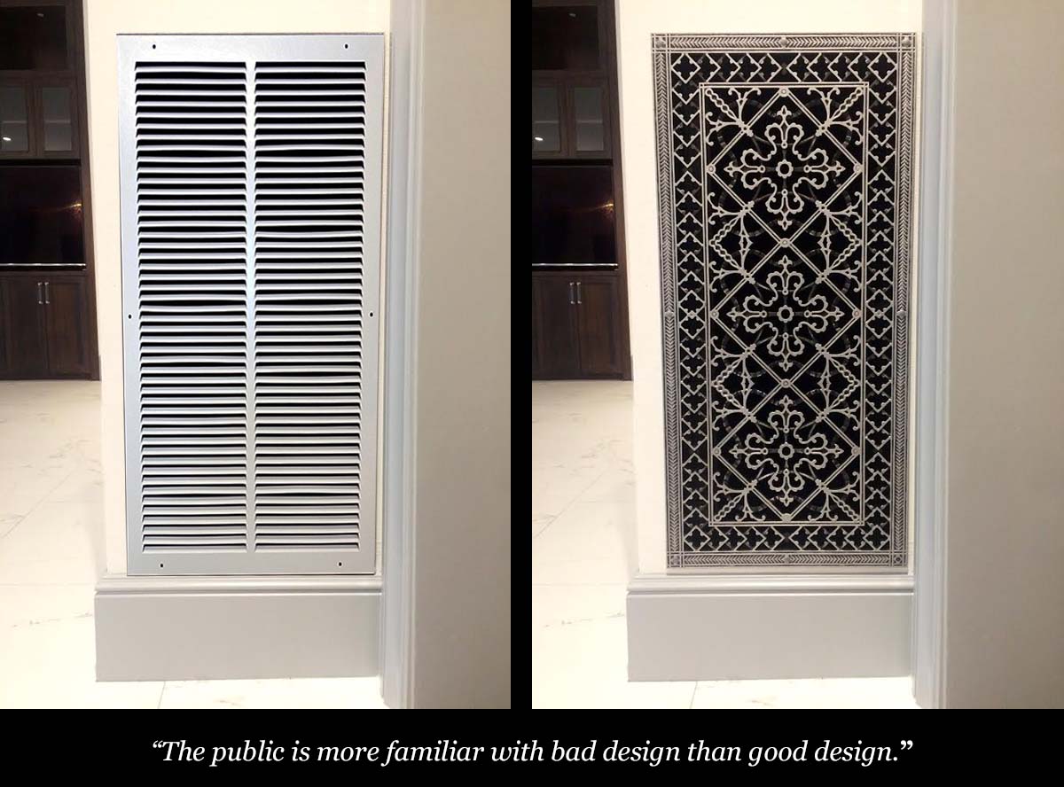 Before and after pictures of louvered industrial vent cover and Arts and Crafts Decorative Grille