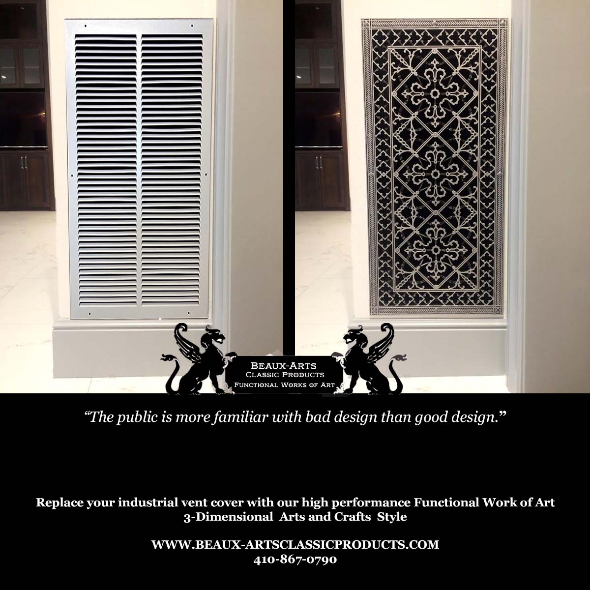 Before and after picture of an industrial louvered vent cover transformed with installing our Craftsman style Arts and Crafts decorative grille.