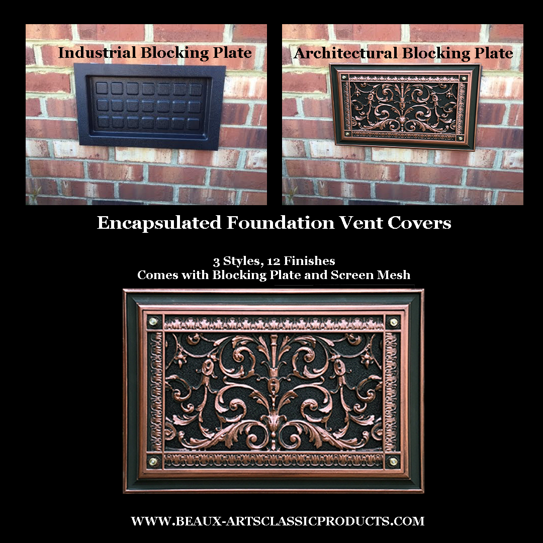 Encapsulated Foundation Vent Cover before and after with French style Louis XIV in Rubbed Bronze finish.