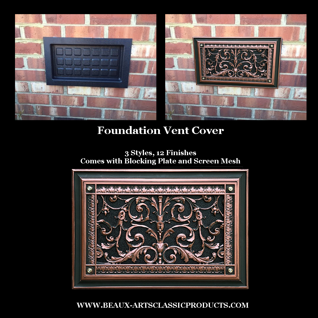 Before picture of industrial detail foundation vent cover and after picture of Resin French style Louis XIV Foundation Vent Cover